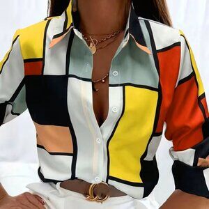 NWOT Womens Large Blouse Geometric Color Block Button Down Long Sleeve